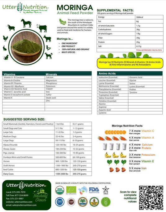 Utter Nutrition Moringa Powder 1.1 lbs. Nutritional Values